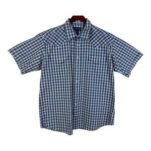 Panhandle Slim Pearl Snap Shirt Men Size XL 17.5 Blue Check Short Sleeve Western